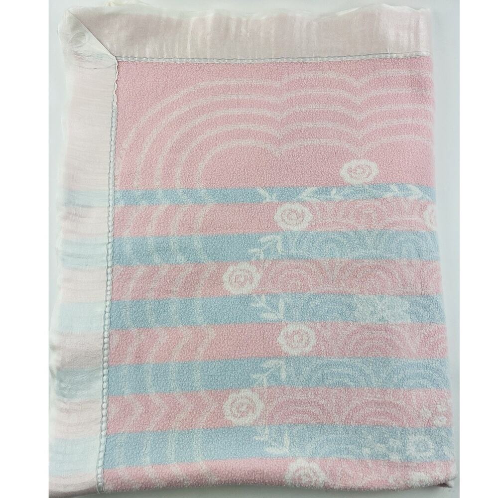 Vintage Baby Blanket Pink & Blue Reversible w/Satin Trim Roses Rainbows Swirls